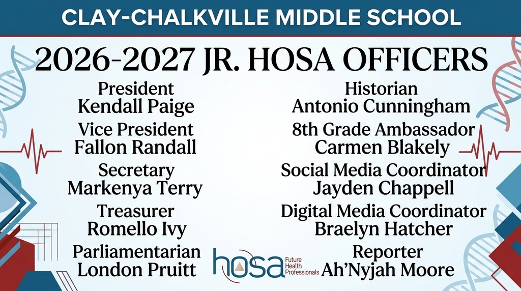 Blue Background. Clay- Chalkville Middle School Jr HOSA officer President Kendall Paige Vice President Fallon Randall Secetary Markenya Terry Treaser Romello Ivy Parliamentarian  London Pruitt Historian Antonio Cunningham 8th grade Ambassador Carmen Blakely Social Media Coordinator Jayden Chappell Digital Media Coordinator Barelyn Hatcher Reporter Ah'Nyjah Moore