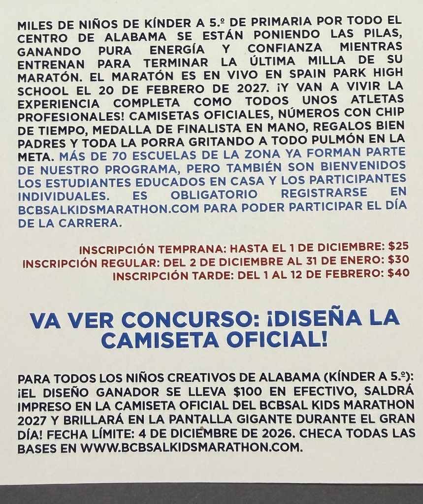 Spanish version of info about Kids Marathon
