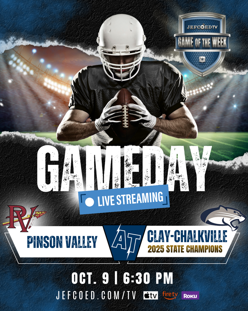 Graphic announces that Pinson Valley and Clay-Chalkville High Schools will be featured on JEFCOED TV's live Game of the Week broadcast on Oct. 9, 2026.