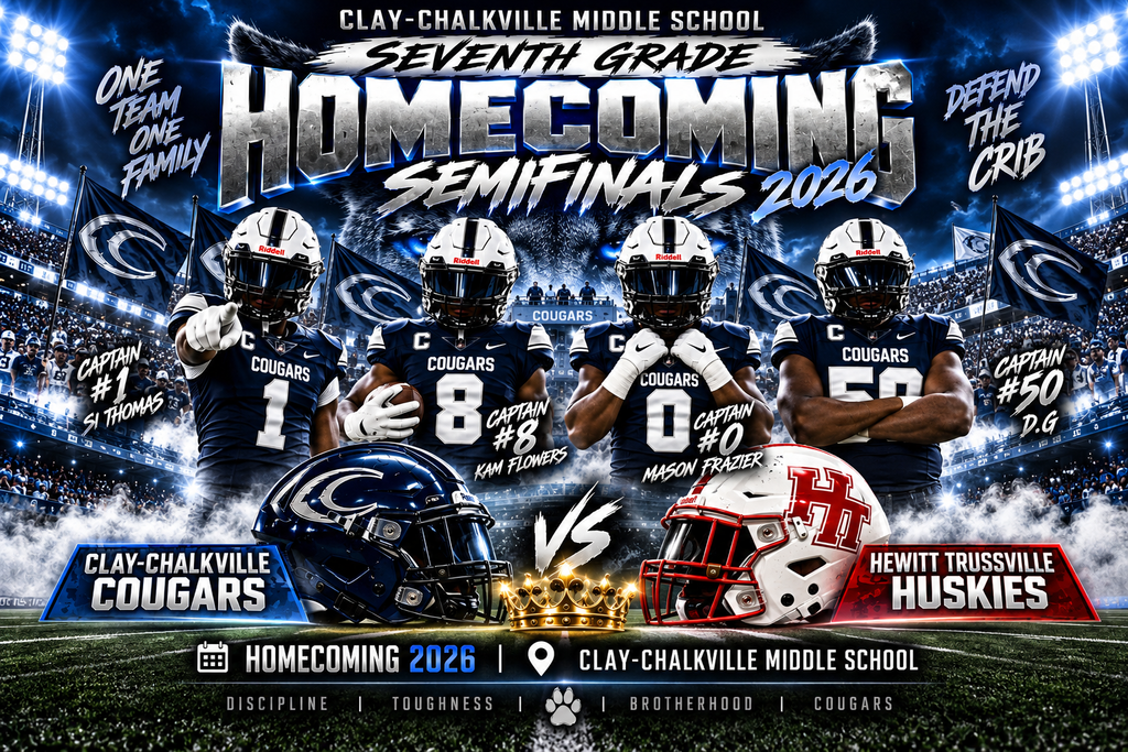 4 football players in navy jerseys with white writing standing in the stadium.