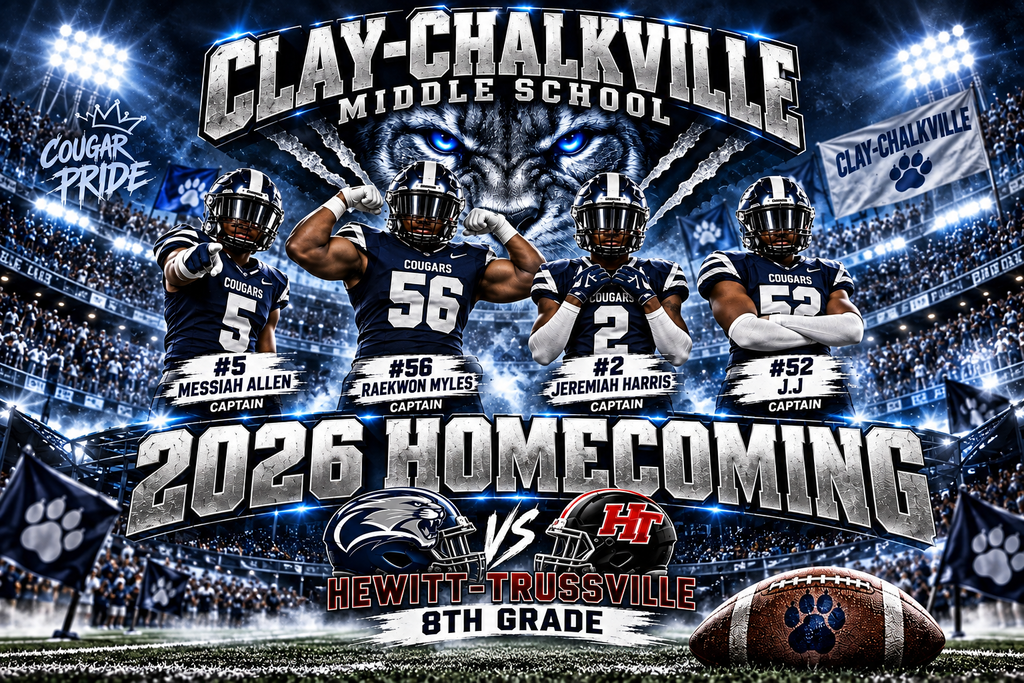 Alt text: Two Clay-Chalkville Middle School 2026 Homecoming football graphics featuring the 7th and 8th grade Cougar teams. Players are pictured in navy and white uniforms under stadium lights with Cougar imagery. The graphics promote the Homecoming matchup against Hewitt-Trussville and highlight team captains, Cougar Pride, teamwork, discipline, and school spirit.