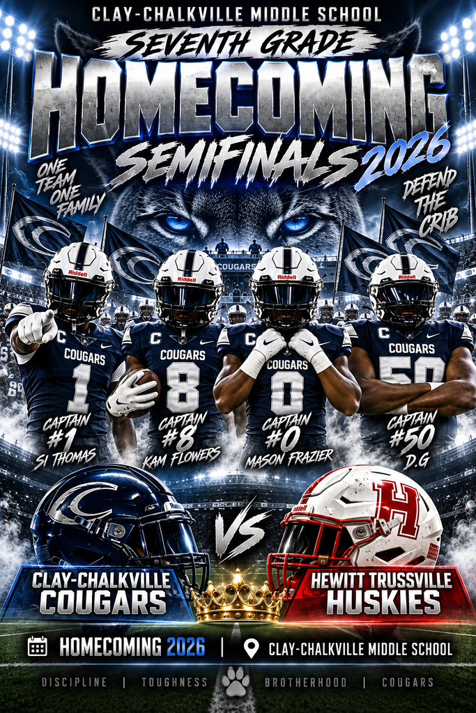 Alt text: Two Clay-Chalkville Middle School 2026 Homecoming football graphics featuring the 7th and 8th grade Cougar teams. Players are pictured in navy and white uniforms under stadium lights with Cougar imagery. The graphics promote the Homecoming matchup against Hewitt-Trussville and highlight team captains, Cougar Pride, teamwork, discipline, and school spirit.