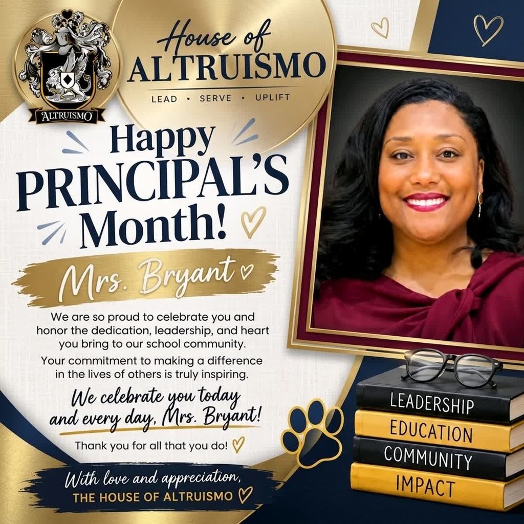 decorative image of Mrs. Bryant's face in a frame with the House of Altruismo crest, eyeglasses on top of a stack of books, and a black paw print.