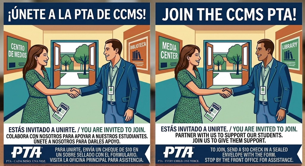 Female parent is shaking hands with a teacher. Both pictures are in spanish and english informing parents to join the PTA by sending $10 check in a sealed envelope with PTA form.