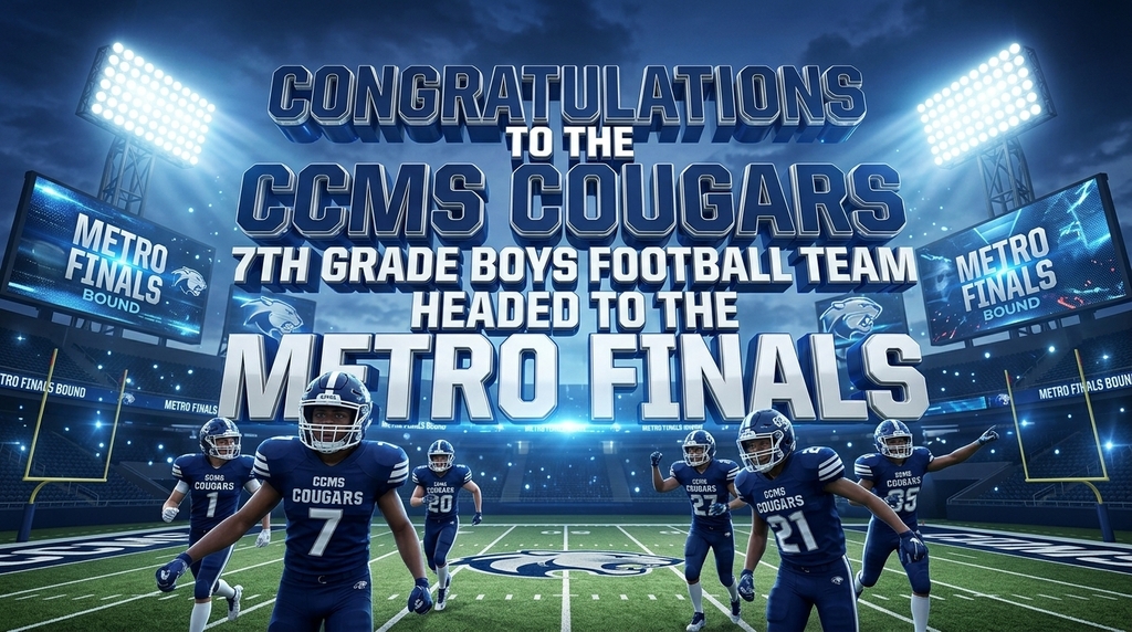 Football players in navy blue jersey and white numbers "Congratulation to the CCMS COugars 7th grade boys football team headed to the Metro Finals"