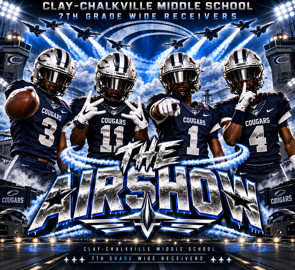 Football players wearing navy jerseys with white numbers saying Airshow