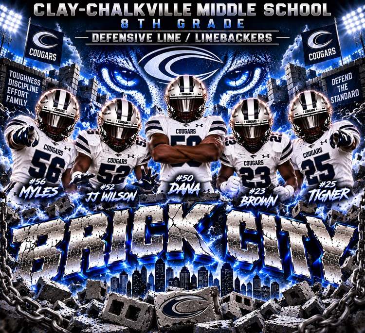 football players wearing white jerseys and navy blue numbers that says Brick City