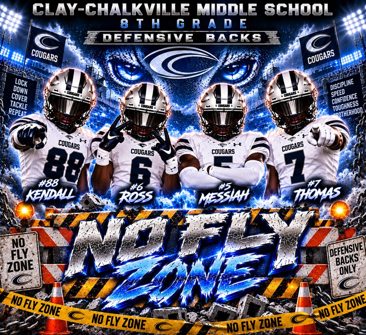Football players wearing white jerseys and navy blue writing that says no fly zone