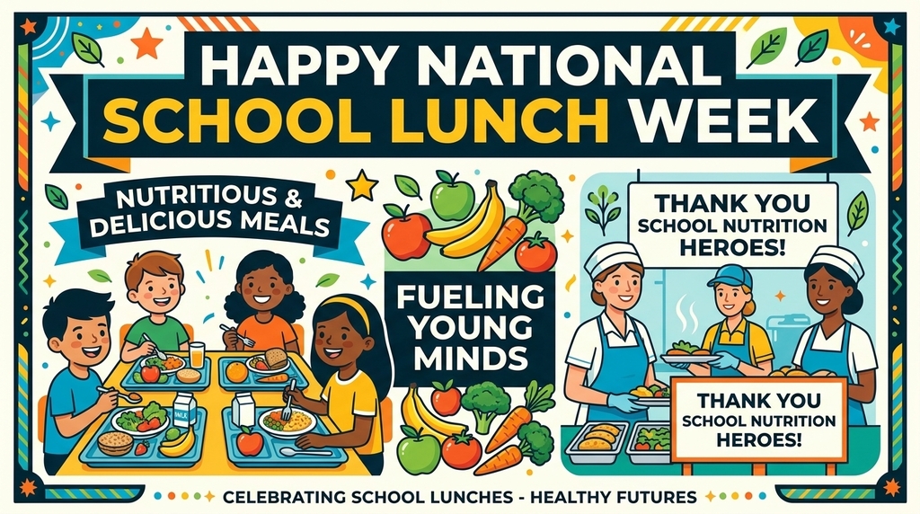 White background with Happy National School Lunch Week. Nutritious & Delicious Meals, Fueling young minds, and Thank you for school nutrition Heroes. Pictures show students eating lunch, vegetables, and lunch heroes preparing food.
