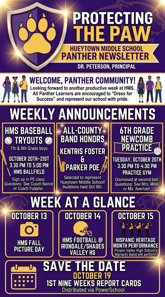 HMS weekly announcements for October 13–20, featuring band honors, picture day, football, Hispanic Heritage Month, report cards, baseball tryouts, and Newcomb practice.