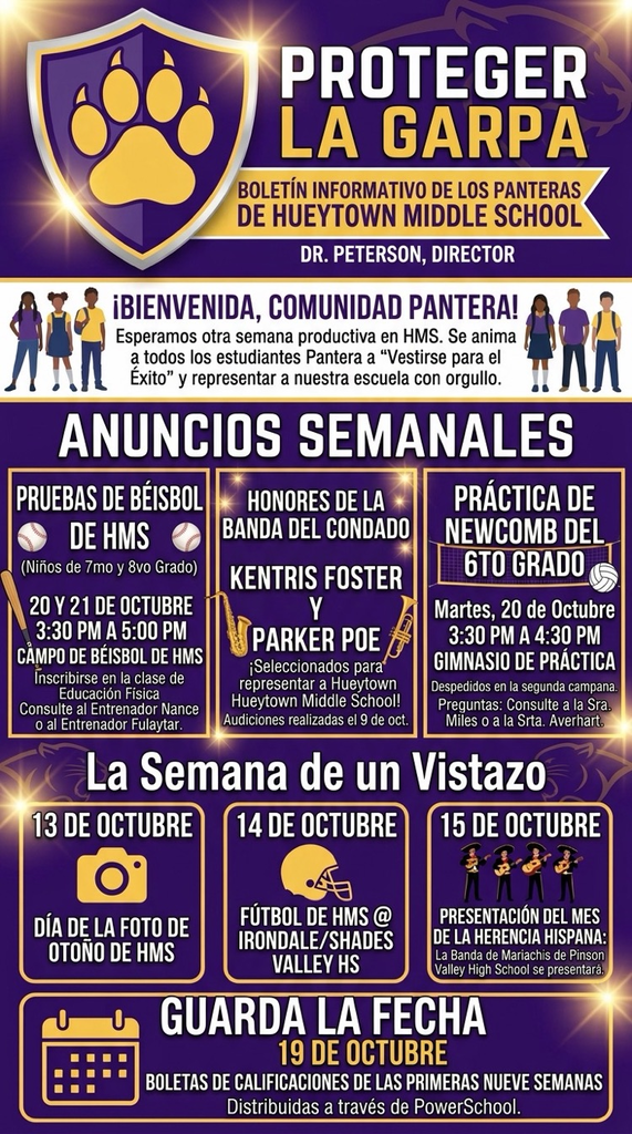 Anuncios semanales de HMS del 13 al 20 de octubre: banda, fotos escolares, fútbol, Mes de la Herencia Hispana, calificaciones, béisbol y Newcomb.