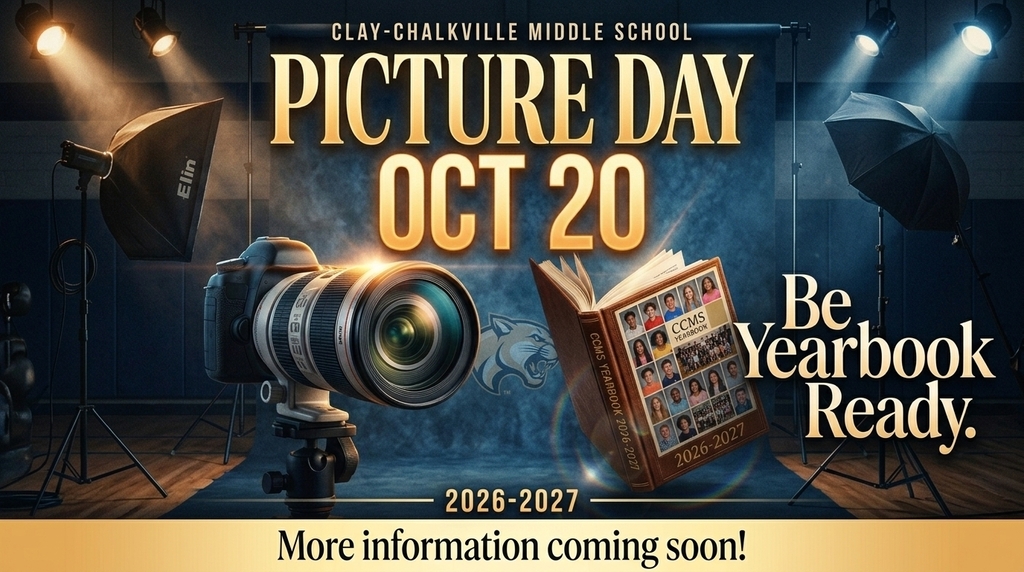 Image of a photo studey with camera. Cougar on a dark blue panel. Yearbook open. "Clay-Chalkville Middle School Picture Day October 20. Be Yearbook Ready!"