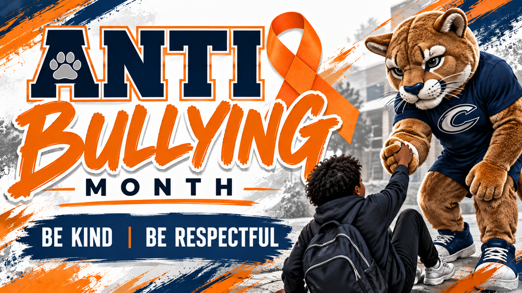 Cougar in a jersey and shorts helping a student up from the ground.. Anti-bullying month. Be Kind and be respectful.