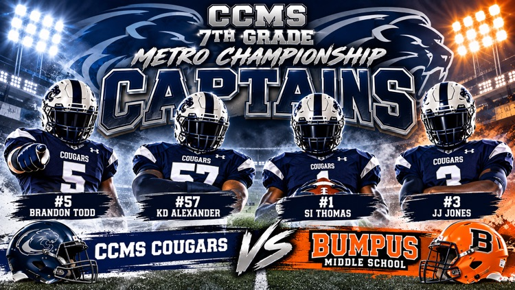 four football players in helmets wearing navy jerseys in white numbers. cCMs 7th grade Metro Championship Captains.