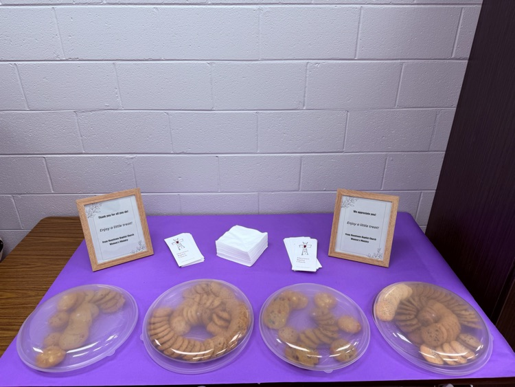 Cookie trays and thank-you messages from Hueytown Baptist Church Women's Ministry displayed for HMS faculty and staff.