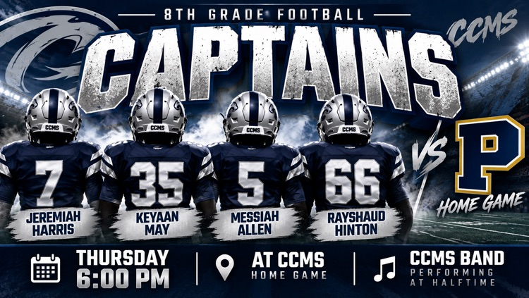 captains of CCMS vs Pitziz football players wearing navy blue jerseys and white numbers