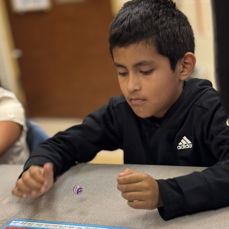 a student is rolling a purple die on his desk