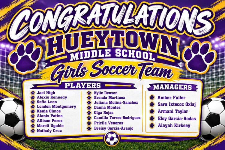 Congratulations graphic announcing the HMS Girls Soccer Team roster, featuring 18 players and 5 managers.