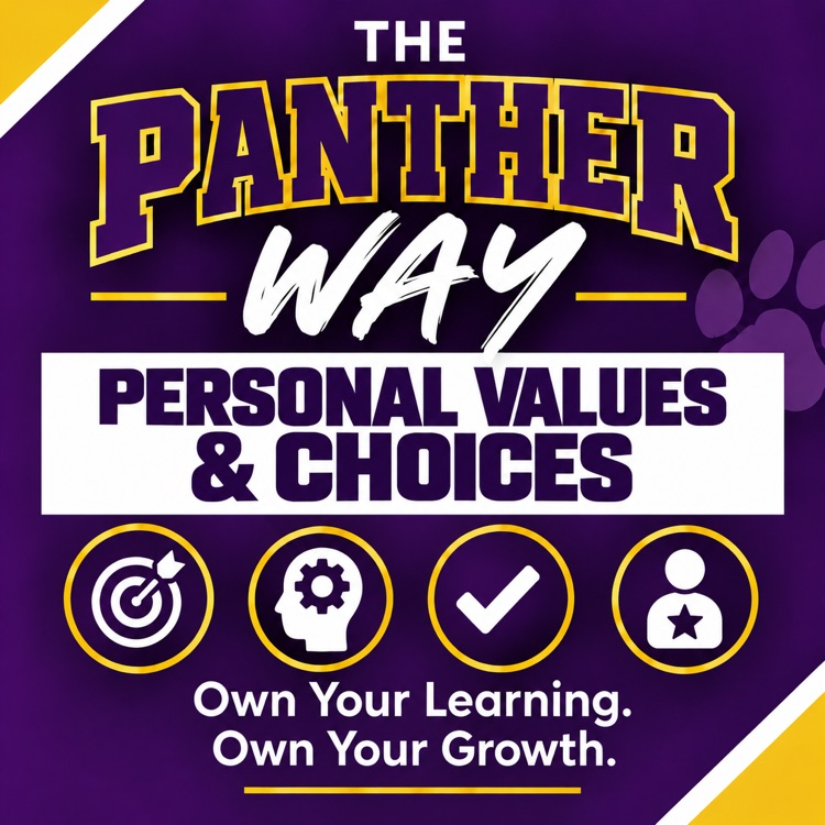 The Panther Way: Personal Values & Choices. Four icons represent goals, thinking, positive choices, and personal responsibility. Motto: Own Your Learning. Own Your Growth.