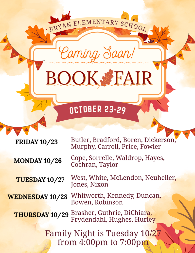 Fall themed book fair schedule for 2026. Schedule is broken by day.