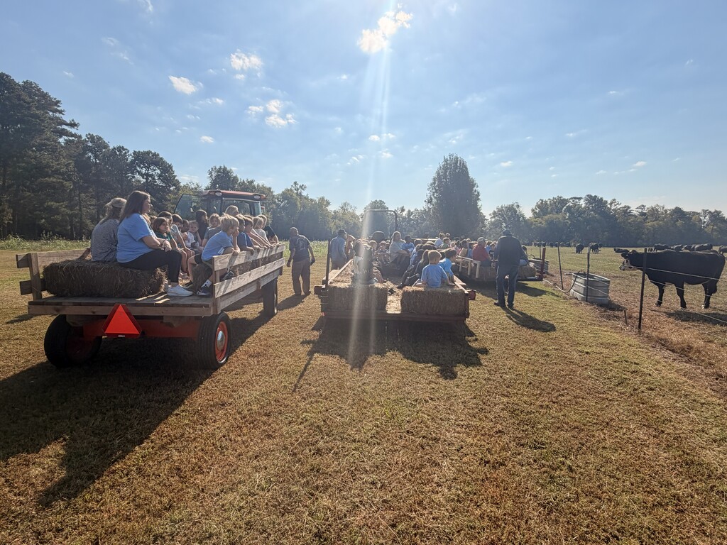 Three hay trailers with kids  sitting on each are parked outside of a cow pasture and Mr. Baker is in front of them telling the kids about the cows. 