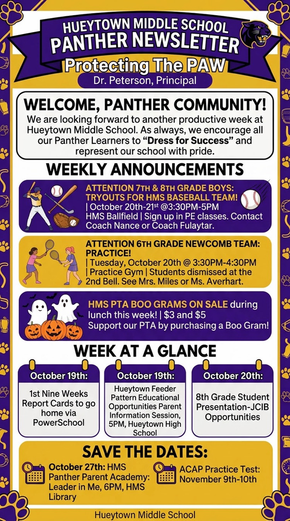 HMS weekly announcements for October 19–23: report cards, parent information session, JCIB presentation, baseball tryouts, Newcomb practice, PTA Boo Grams, and upcoming dates.