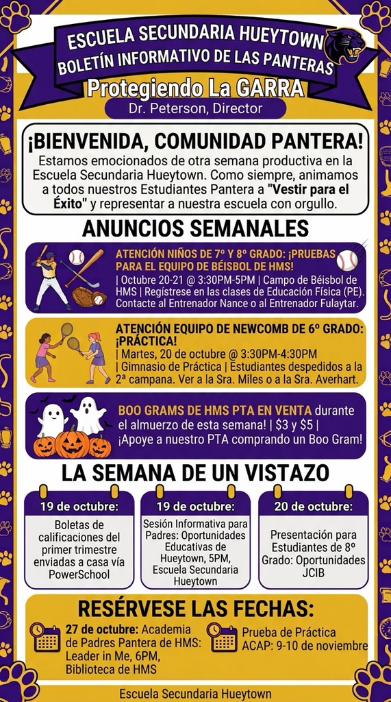 Anuncios de HMS del 19 al 23 de octubre: calificaciones, reunión para padres, presentación de JCIB, béisbol, práctica de Newcomb, Boo Grams y próximas fechas.
