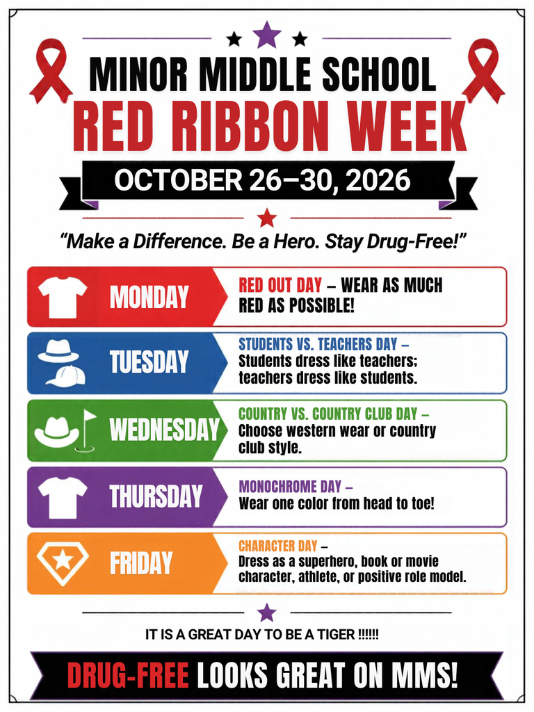Red Ribbon Week is almost upon us. Join us in celebrating Drug Free by dressing out each day to represent Drug Free!