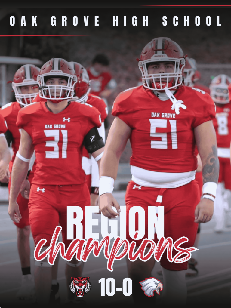 A promotional graphic for Oak Grove High School celebrating a football region championship victory. The top displays the bold white text "OAK GROVE HIGH SCHOOL" above a thin red line. The image features high school football players in red jerseys, white numbers, red pants, and helmets walking across the field. In the foreground, number 31 and number 51 walk side by side. Overlaying the lower portion of the image, bold white capital letters spell "REGION", accompanied by "champions" in red cursive text outlined in white. Beneath the text, a score readout shows "10-0" sandwiched between a roaring red-and-black tiger logo on the left and an eagle logo on the right.