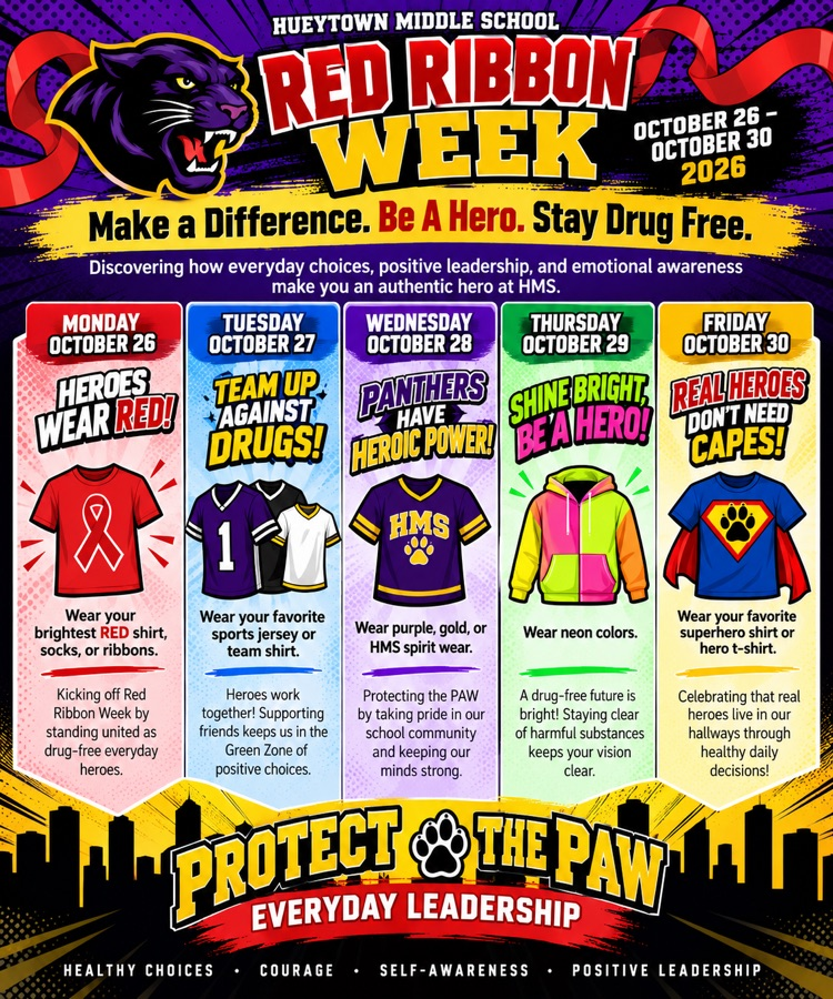 HMS Red Ribbon Week, Oct. 26–30: Monday red, Tuesday jerseys, Wednesday HMS colors, Thursday neon, Friday superhero shirts.