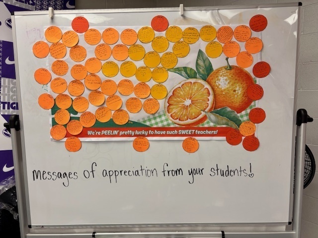 a whiteboard with student appreciation notes to teachers