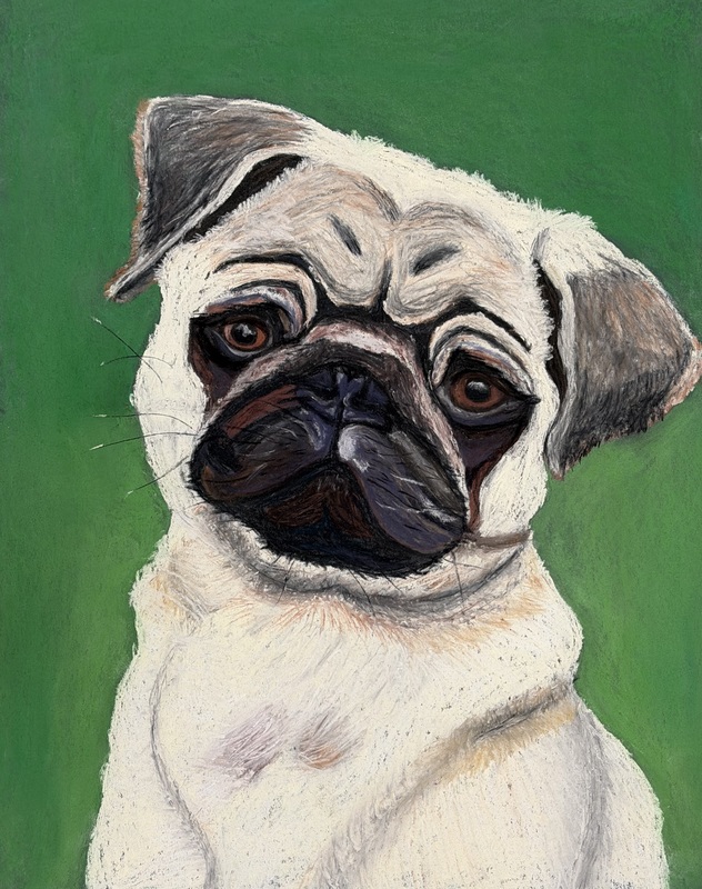 painting pf ivory pug with green background