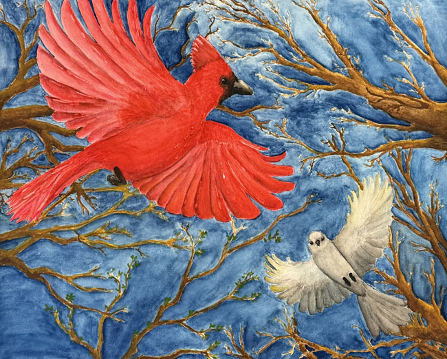 painting of two birds in flight through tree branches