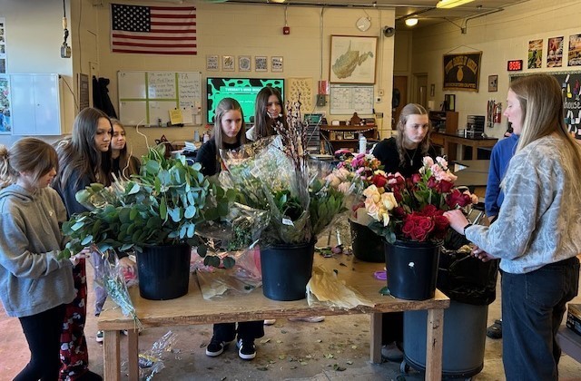 Students prepping flowers