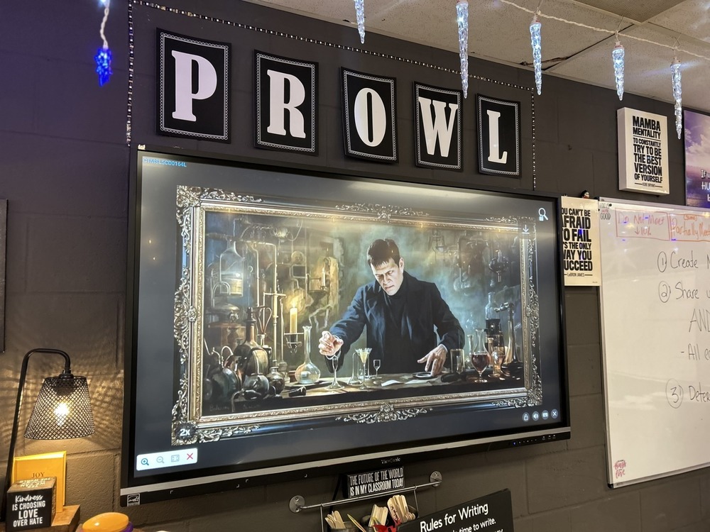 Frankenstein photo display in classroom