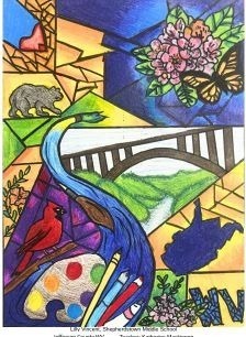 Stained glass image of West Virginia symbols, black bear, cardinal, state outline, rhododendron, bridge