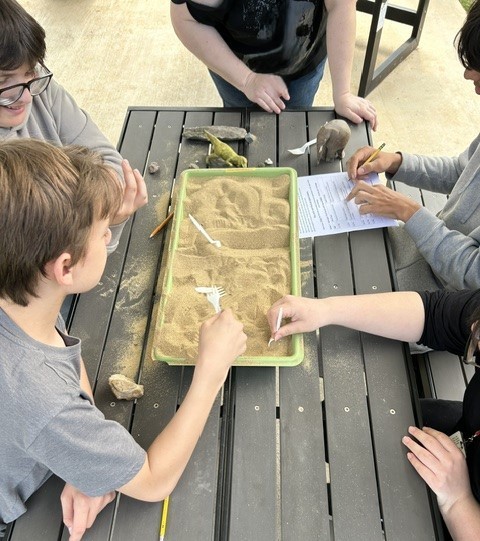 Students diggin in sand for items