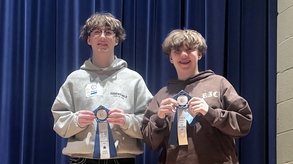 Shepherdstown Middle School students with first place ribbons for county Science Fair