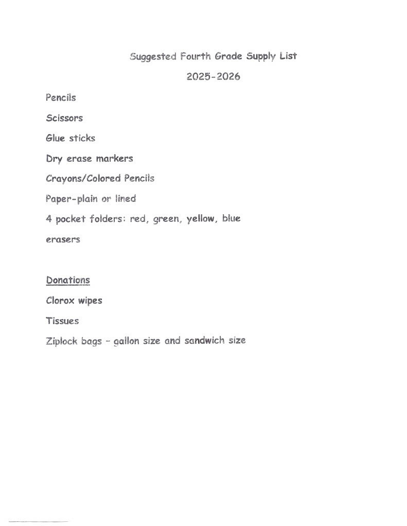 Supply List Grade 4