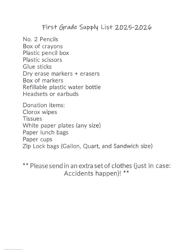 Supply List Grade 1