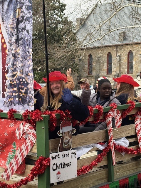FFA students riding on their float. The cows "herd" it's Christmas.