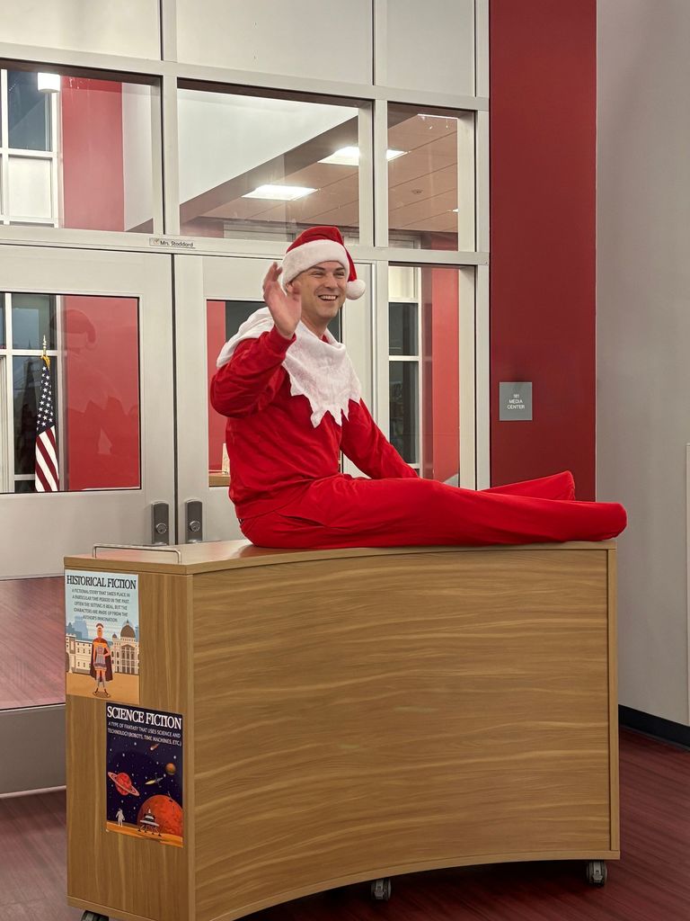 Mr. A sitting on a bookshelf dressed as an elf