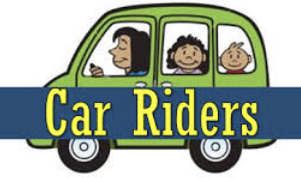 Picture of a family in  a car with the words "car riders" on the side of the car.