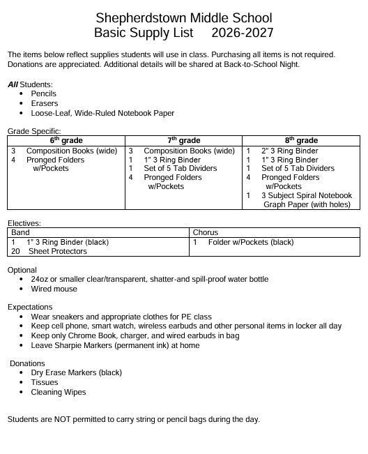 SMS Basic Student Supply List 2026-27