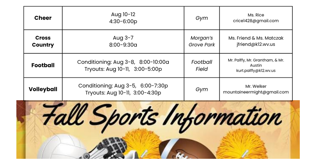 Fall Sports Schedule Cheer, Cross Country, Football, Volleyball