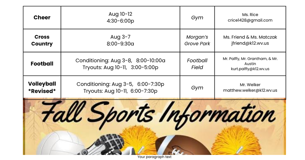Table with Fall Sports Conditioning and Tryout Dates and Times