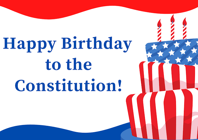 red, white and blue birthday cake with the words Happy Birthday to the Constitution