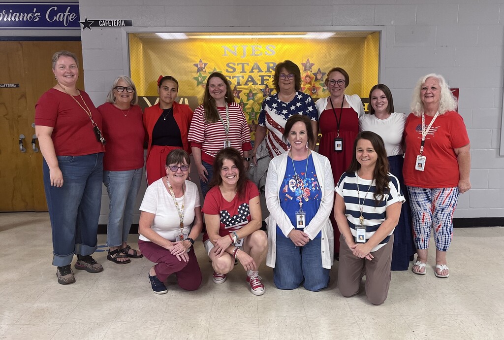 Staff dressed in red, white and blue.