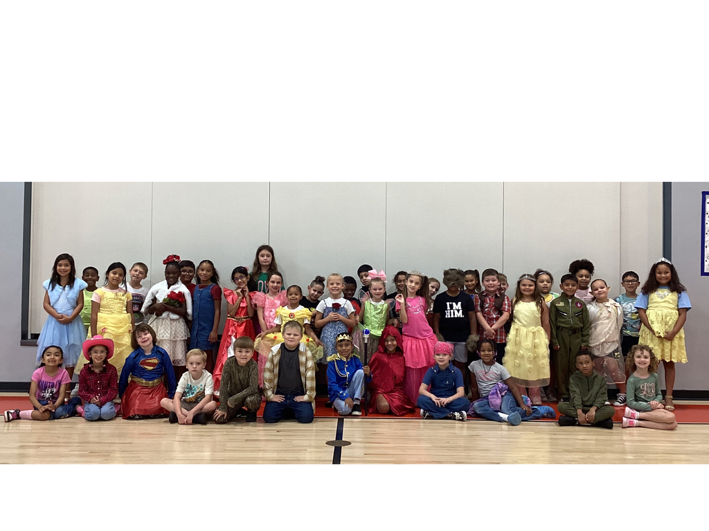 Second grade students dressed as fairy tale or folk tale characters