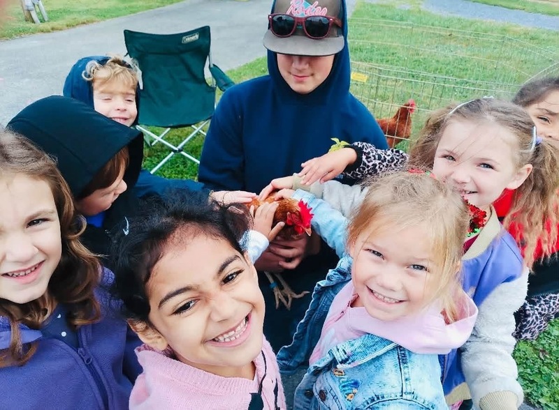 students petting a chicken
